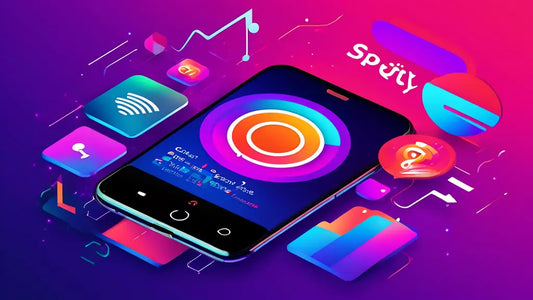 A vibrant smartphone display features music apps and Spotify-themed icons, symbolizing digital strategies for music promotion success.