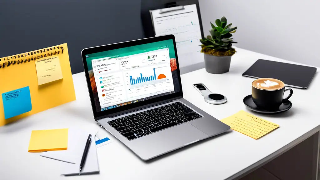 A laptop displaying social media analytics on a desk with a planner, sticky notes, a pen, a tablet, and a coffee cup, suggesting organized strategy.