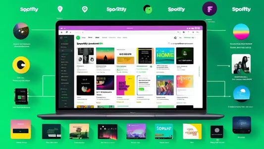 Laptop displaying Spotify Web Player interface with various album covers on a green background, surrounded by icons and text elements.