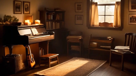 Cozy music room with a piano, guitar, and candles, ideal for reflective practice, inspiring Christian musicians to embrace peaceful creativity.