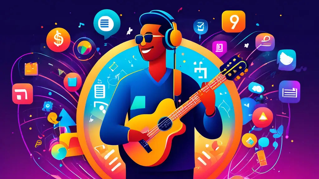 Illustration of a musician with a guitar and headphones, surrounded by vibrant icons representing digital marketing tools and strategies.