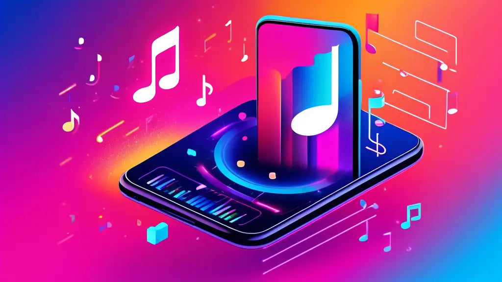 A vibrant digital illustration of a smartphone with music notes and sound waves, symbolizing Apple Music promotion and streaming growth.