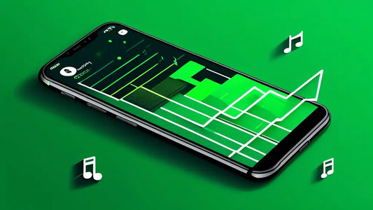 Smartphone displaying music graphs on Spotify, set against a green background with floating music notes, illustrating song promotion success.