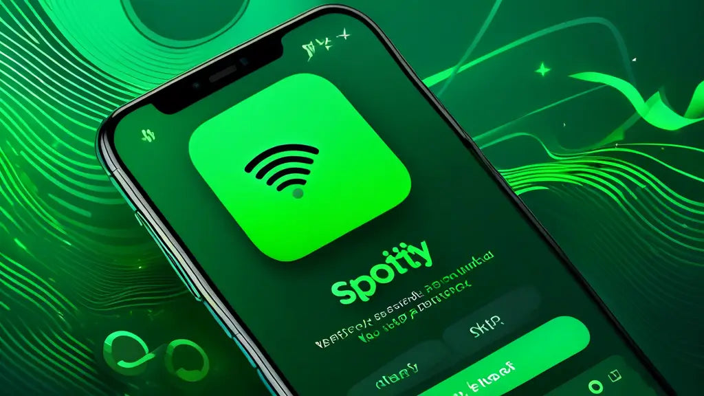 Smartphone displaying Spotify app with vibrant green interface, featuring options for playlists and skipping tracks, illustrating premium features.