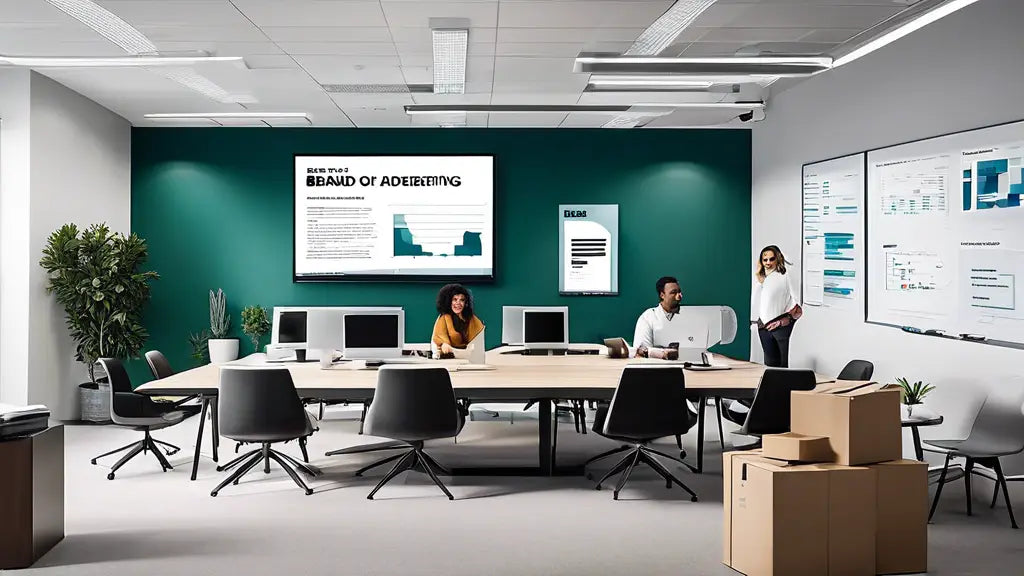 Modern office setting with three people collaborating at a table, surrounded by charts and computers, illustrating teamwork in advertising agencies.