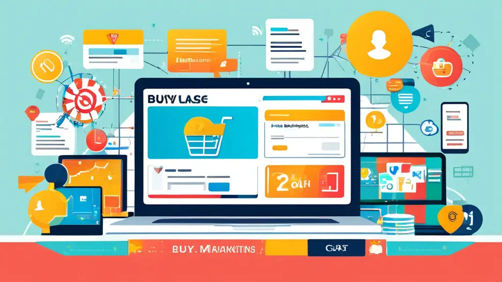 Illustration of affiliate marketing concept with interconnected devices, shopping cart on a laptop, icons for targets, discounts, and online interactions.