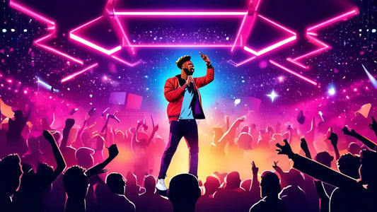 A performer sings energetically on stage, surrounded by a vibrant, cheering crowd under bright neon lights, reflecting a lively music event.