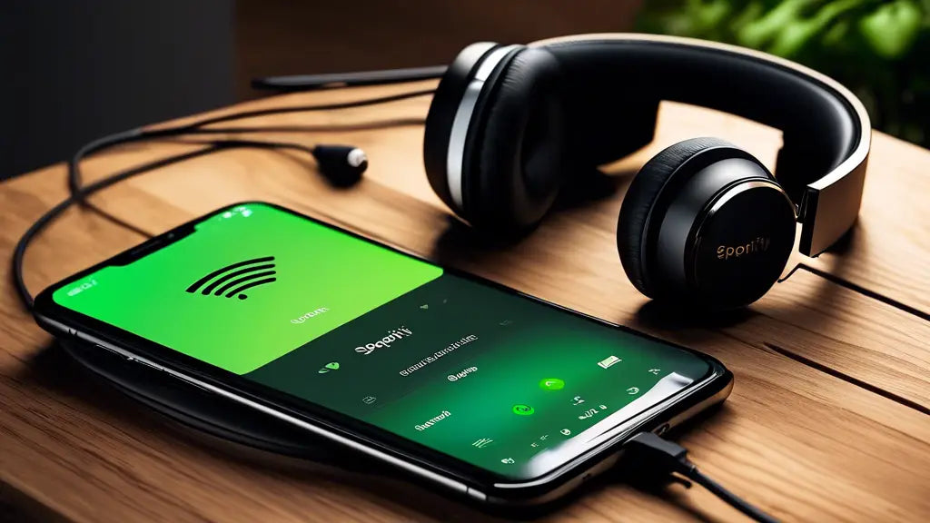 Smartphone displaying Spotify next to headphones on a wooden table, illustrating music downloading and listening setup for a guide.