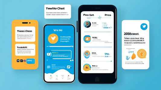 Illustrated mobile screens display data and charts on buying Twitter followers, highlighting pros and cons, with colorful graphics and icons.