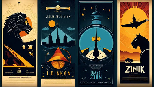 Stylized posters of iconic films associated with Hans Zimmer: a lion, futuristic cityscapes, rockets, and a silhouetted panther against orange and blue hues.