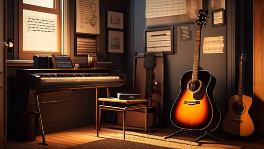 Cozy music room with two acoustic guitars, a piano, and sheet music on walls, creating an inspiring setting for guitar practice and improvement.