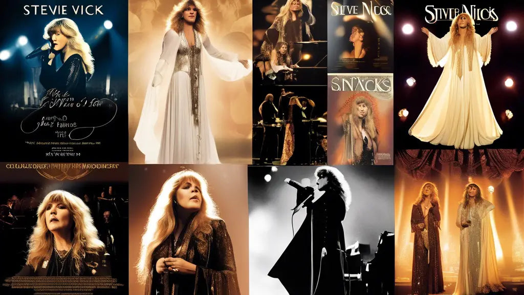 Collage of Stevie Nicks performing in iconic outfits, showcasing her legendary stage presence and career highlights.