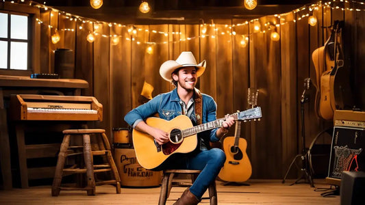 A musician in a cowboy hat plays guitar in a cozy, wood-paneled room with string lights and musical instruments, embodying a country vibe.