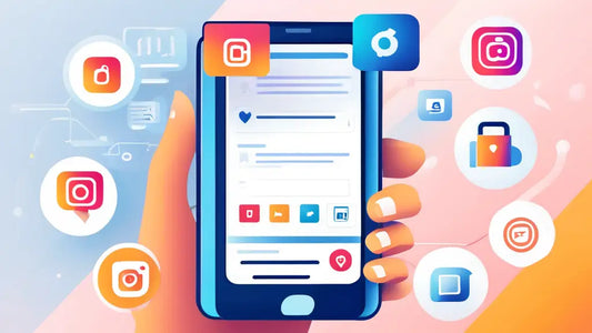 Illustration of a hand holding a smartphone displaying social media icons, representing safe Instagram account purchases.