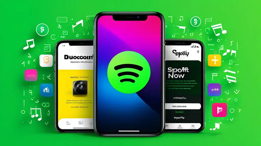 Three smartphones display discounted Spotify apps and codes against a green background with musical icons, illustrating savings opportunities.