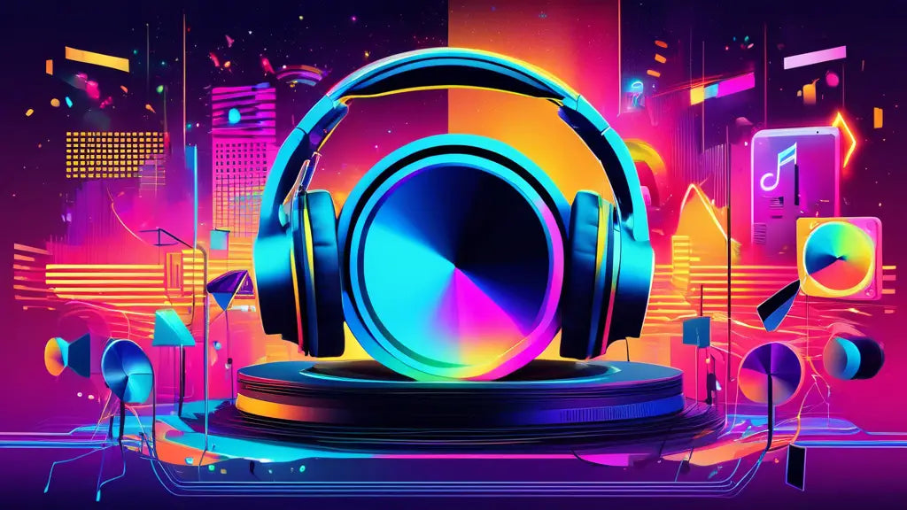 Futuristic headphones with vibrant colors, surrounded by musical elements and digital graphics, highlighting innovative music advertising.