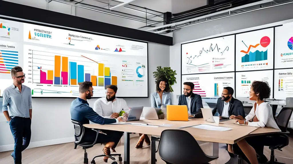 A diverse team discussing strategies in a conference room, with charts and graphs projected on screens, illustrating advertising growth insights.