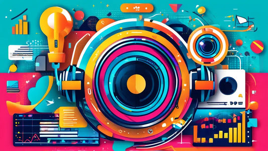 Colorful abstract of music speaker, graphs, and creative elements symbolizing dynamic marketing strategies for boosting a music career.