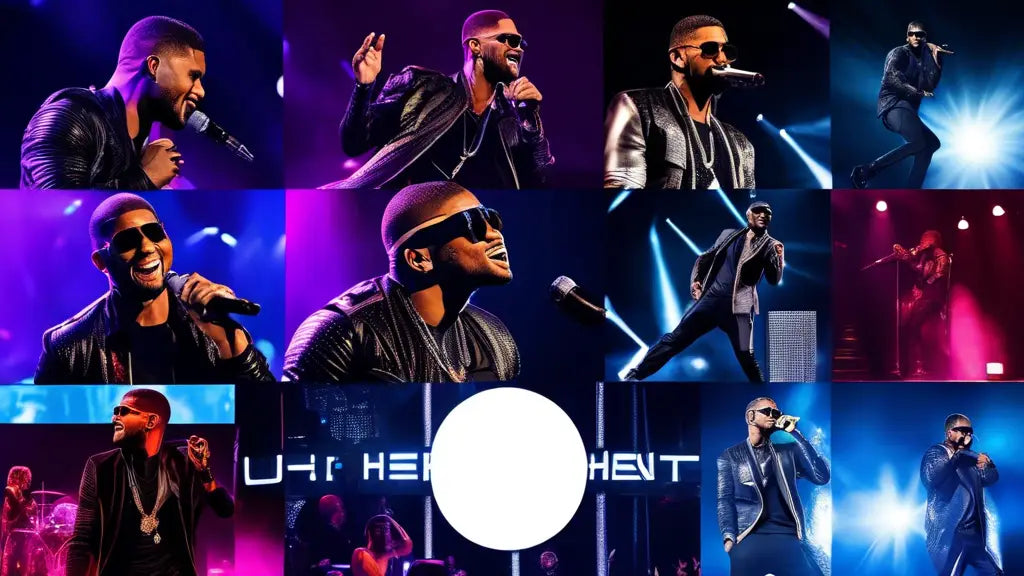 Collage of Usher performing energetically on stage, highlighting his dynamic impact on the music industry through his iconic songs.