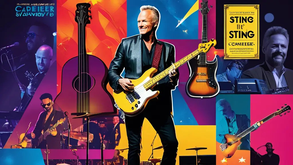 Collage of musician Sting playing guitar, surrounded by colorful graphics, band members, and a poster.