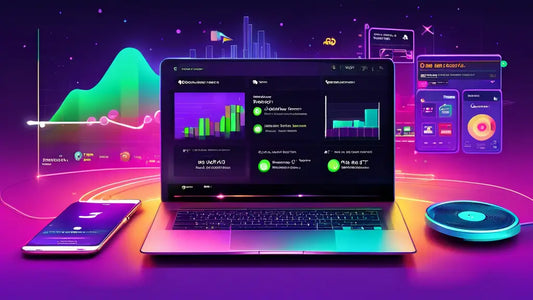 Laptop displaying music analytics with charts, surrounded by a smartphone and stylized music data visuals, highlighting Spotify promotion strategies.