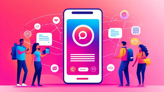 Illustration of diverse users interacting with a large smartphone, surrounded by social media icons, symbolizing strategies to gain Instagram followers.