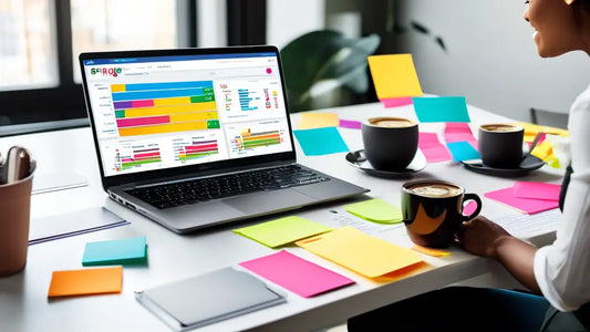 A woman reviews social media analytics on a laptop at a desk, surrounded by colorful sticky notes and coffee, illustrating marketing strategies.