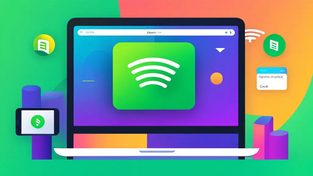 Abstract illustration of a laptop and smartphone displaying the Spotify logo, symbolizing downloading steps for Spotify in a colorful, modern style.