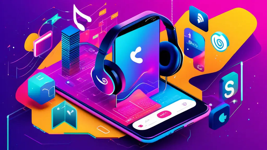 Digital illustration of a smartphone with headphones and music icons, symbolizing strategies for promoting music on Spotify in 2023.