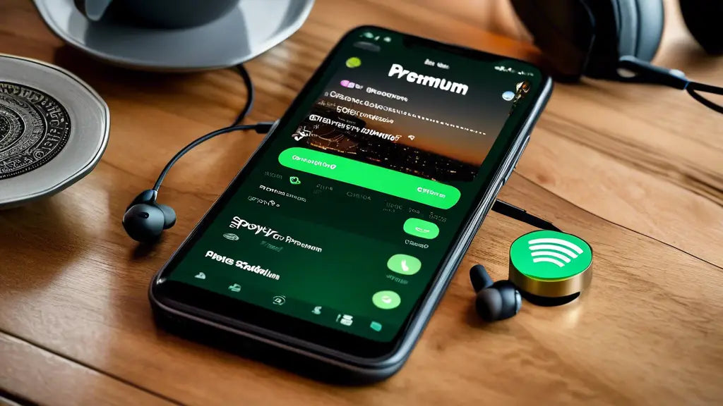 A smartphone on a wooden table displays the Spotify Premium app. Nearby headphones and a Spotify logo button accentuate music streaming context.