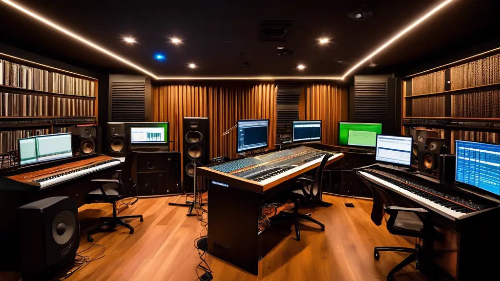 A modern recording studio with keyboards, mixing console, computer screens, and sound speakers, ideal for music industry degree insights.