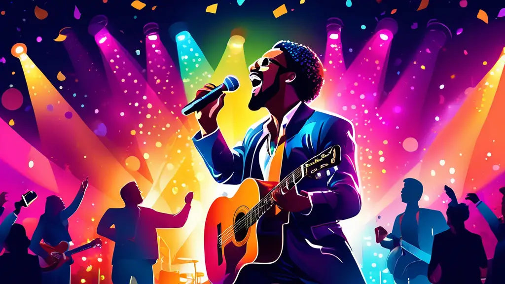 Vibrant concert scene with a musician passionately singing and playing guitar under colorful spotlights, capturing the essence of a standout performer.