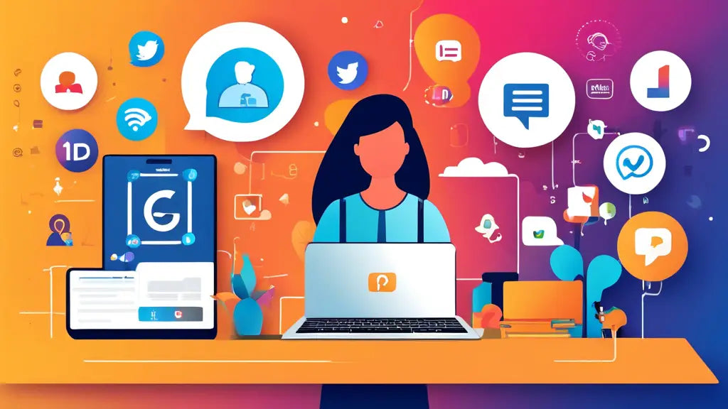 Illustration of a woman at a desk with a laptop, surrounded by social media icons, highlighting digital engagement and brand growth.