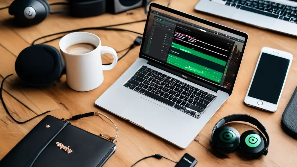 A laptop with music production software, headphones, a smartphone, and a coffee cup on a desk, symbolizing tools for Spotify music promotion.