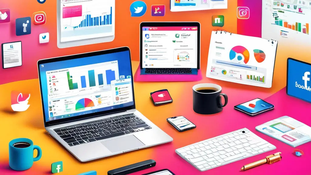 Digital workspace with laptops and phones displaying social media analytics, graphs, and icons, illustrating marketing strategies to boost brands.