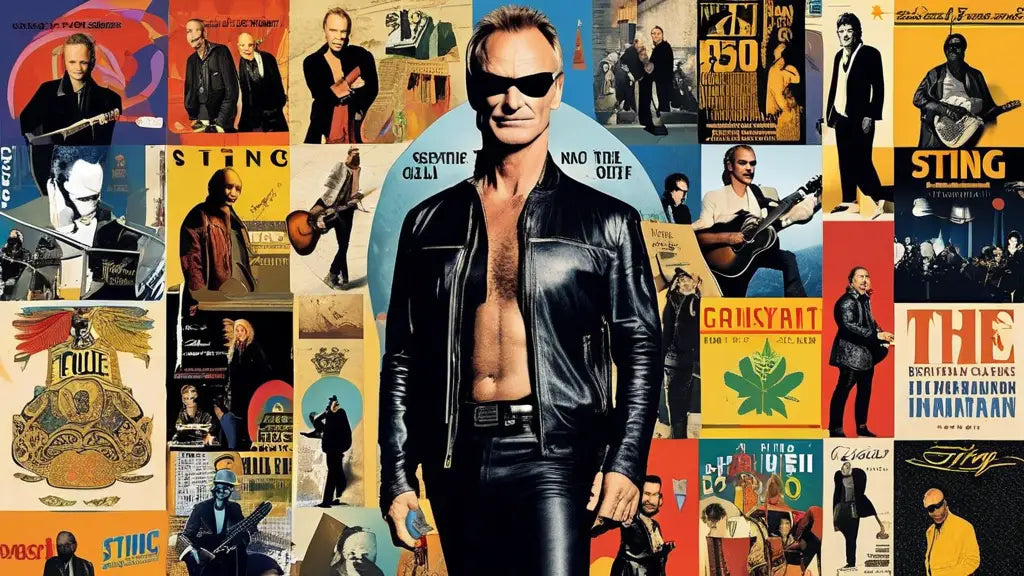 Collage of Sting with various album covers and posters, featuring him in a black leather outfit and sunglasses, embodying his musical legacy.