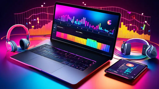 A colorful digital workspace with a laptop and smartphone displaying music analytics, surrounded by headphones, illustrating music promotion services.