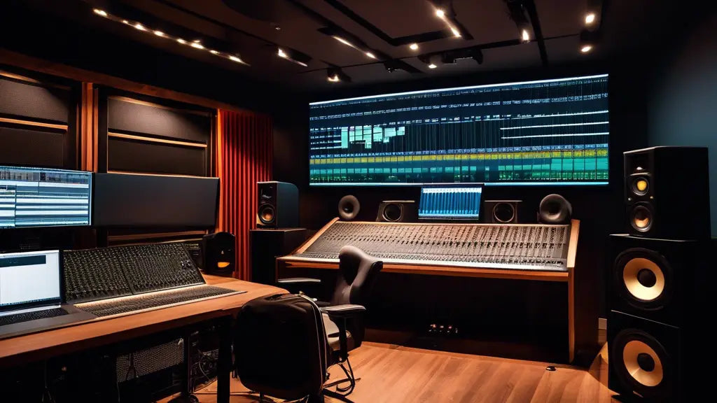 A modern music studio with mixing console, large screen displays, and speakers, illustrating how labels utilize technology to drive industry success.