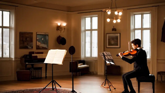 A young violinist practices intently in a well-lit room, with sheet music on a stand nearby, embodying dedication and focus for beginners.