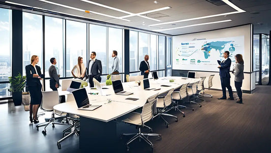 A group of professionals discusses marketing strategies in a modern conference room, with a world map and data on the projector screen.