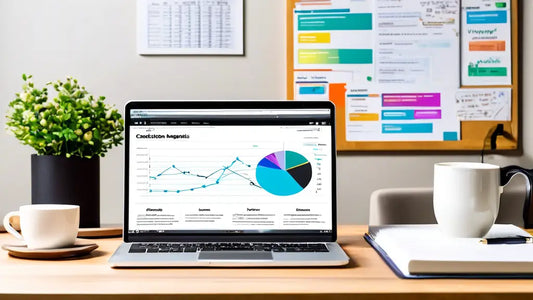 Laptop displaying graphs and pie chart on a desk with coffee, notebook, and bulletin board, illustrating affiliate marketing insights.