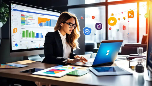 A woman working on a laptop surrounded by social media icons and analytics charts, illustrating strategies for social media marketing success.