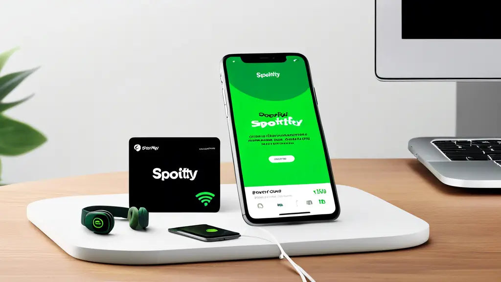 A smartphone displaying Spotify next to a gift card and earbuds on a desk, illustrating how to redeem a Spotify gift card.