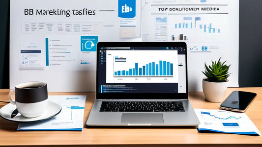 A desk with a laptop displaying bar graphs, marketing strategy charts, documents, a coffee cup, and a smartphone, representing B2B marketing strategies.