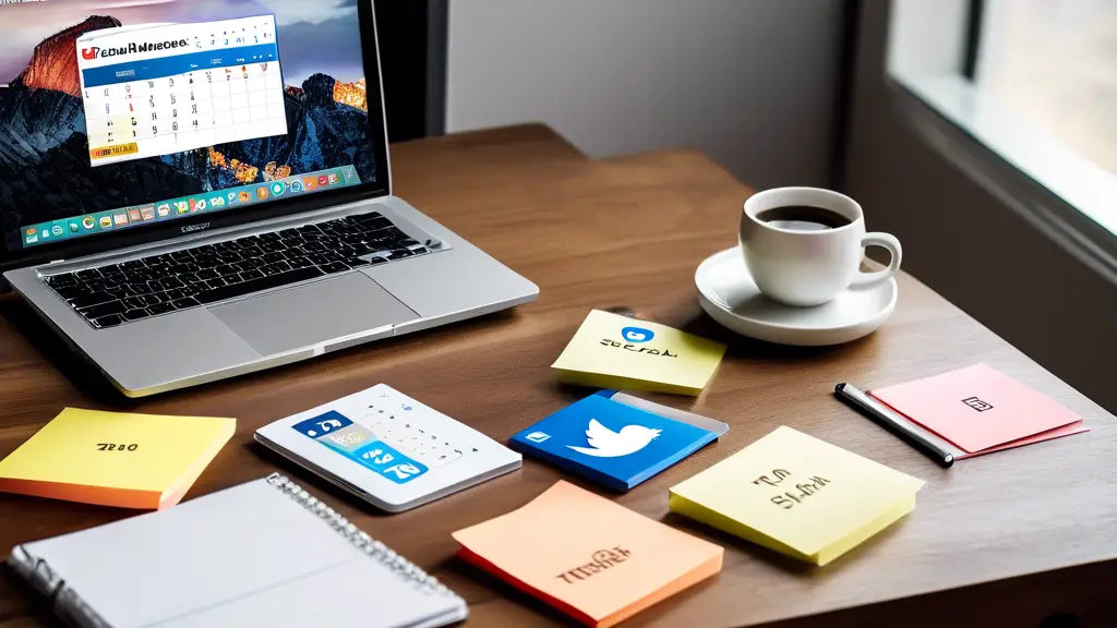 Laptop displaying a calendar app, surrounded by social media icon sticky notes and a cup of coffee. Perfect setup for planning social media posts.