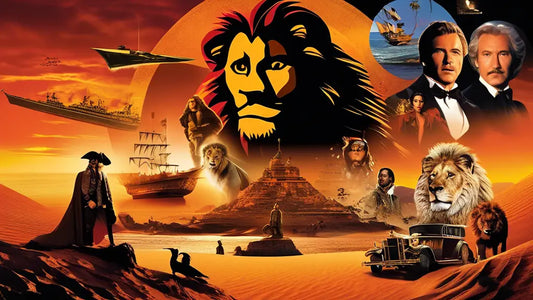 A collage of iconic film imagery associated with Hans Zimmer, featuring elements from "The Lion King," adventure vessels, and historical figures.