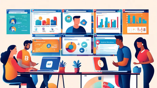 Four people collaborate at a table with laptops, surrounded by digital screens displaying graphs and charts, highlighting social marketing strategies.