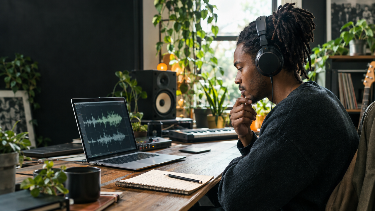 Artist reviewing a release in a home studio